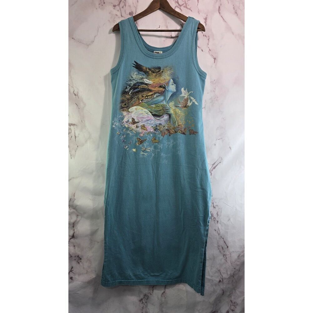 Vintage Tank Dress Womens Medium 80s Maxi Midi Long Witchy Fairy Hawk Feather